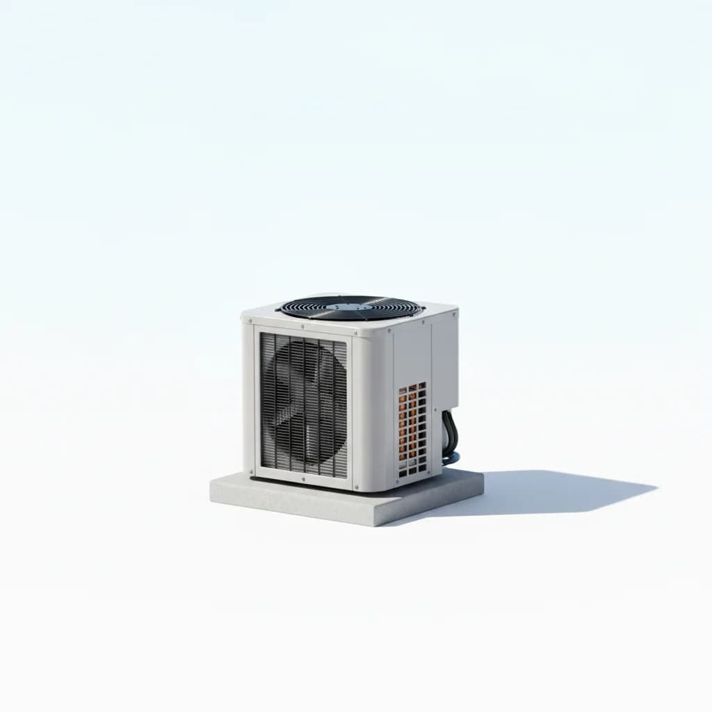 Brand-new residential AC condenser on a fresh concrete pad