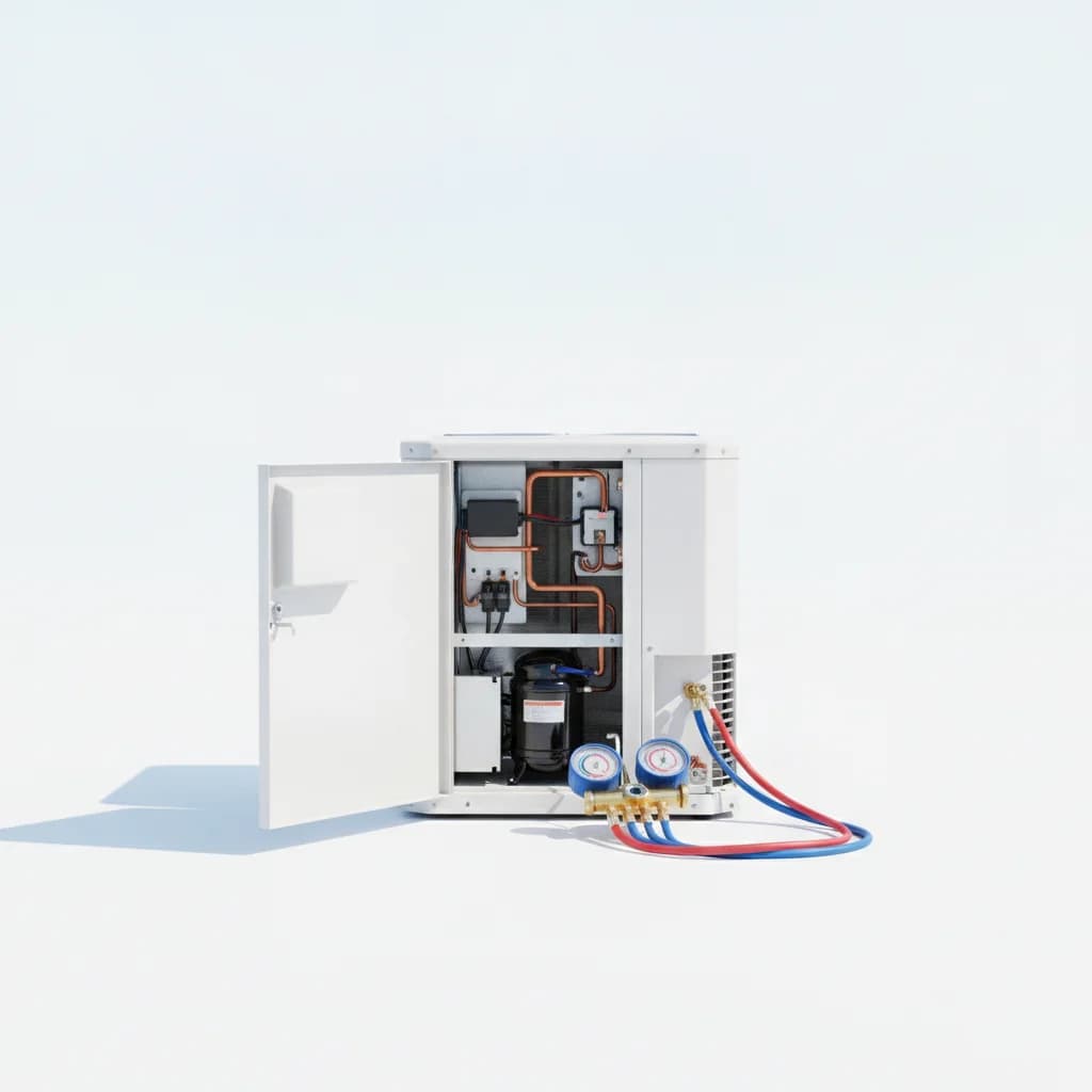 Residential AC condenser with its service panel open and diagnostic gauges beside it