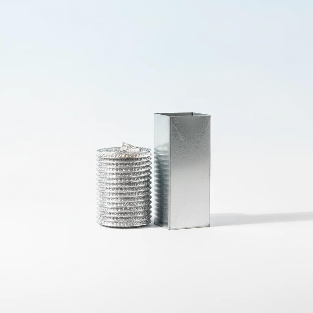 Coiled insulated flex duct beside a galvanized sheet-metal duct section