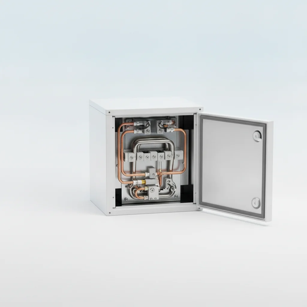 Modern gas furnace with inspection panel open showing a clean burner assembly