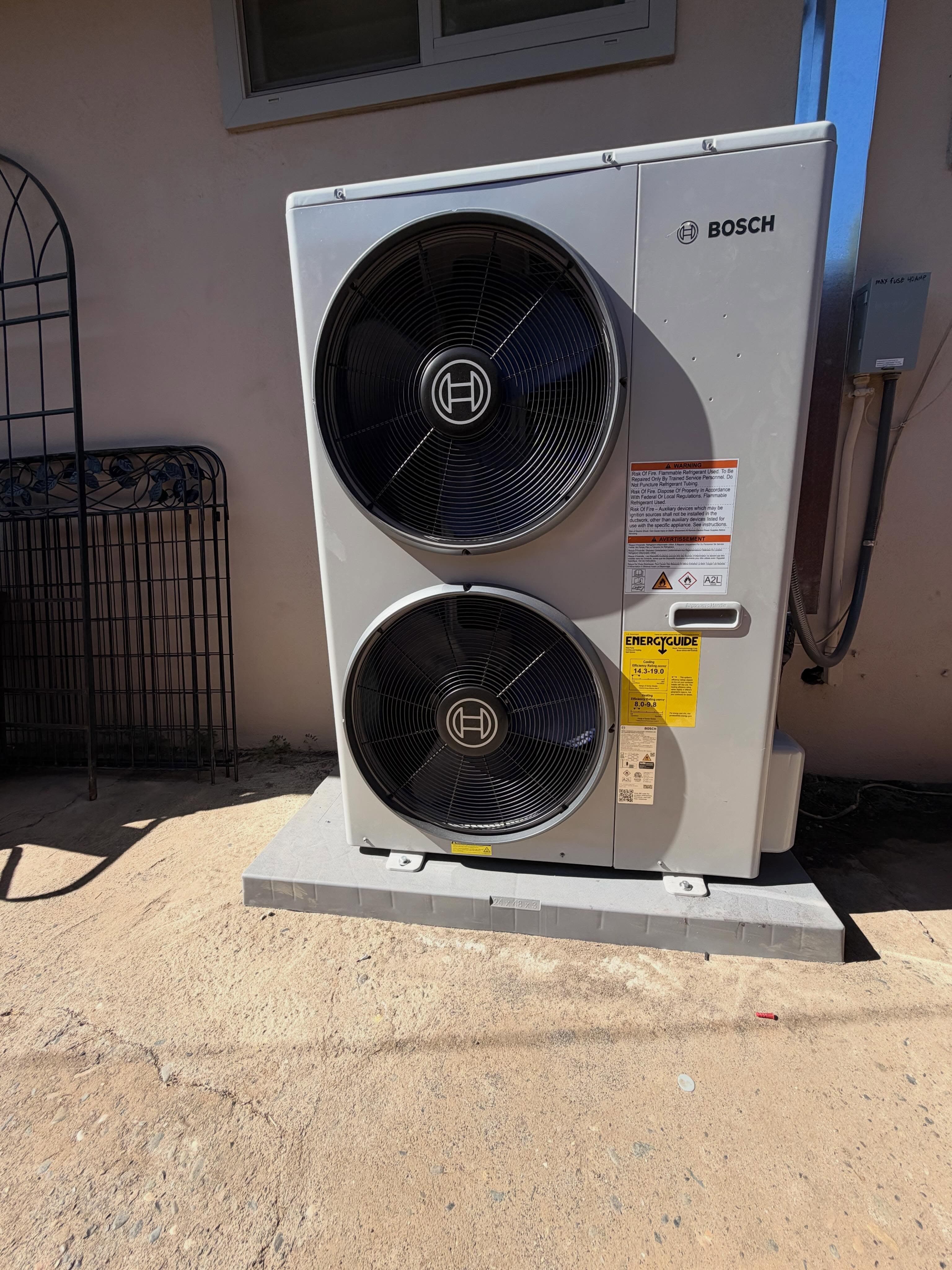 Bosch 4-ton 18 SEER2 inverter heat pump installed with new 115V air handler and R-8 ductwork.